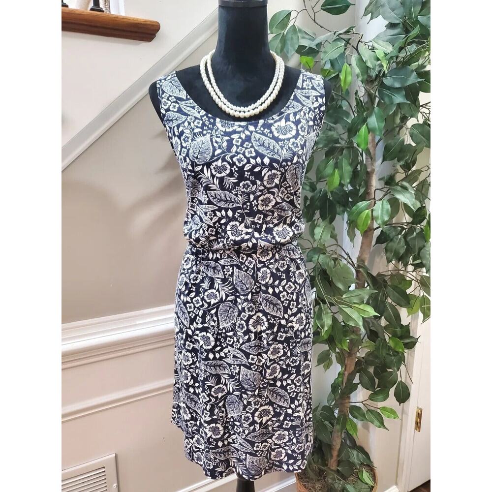 Basic Basique Women Blue Floral Cotton Scoop Neck Sleeveless Knee Length Dress L